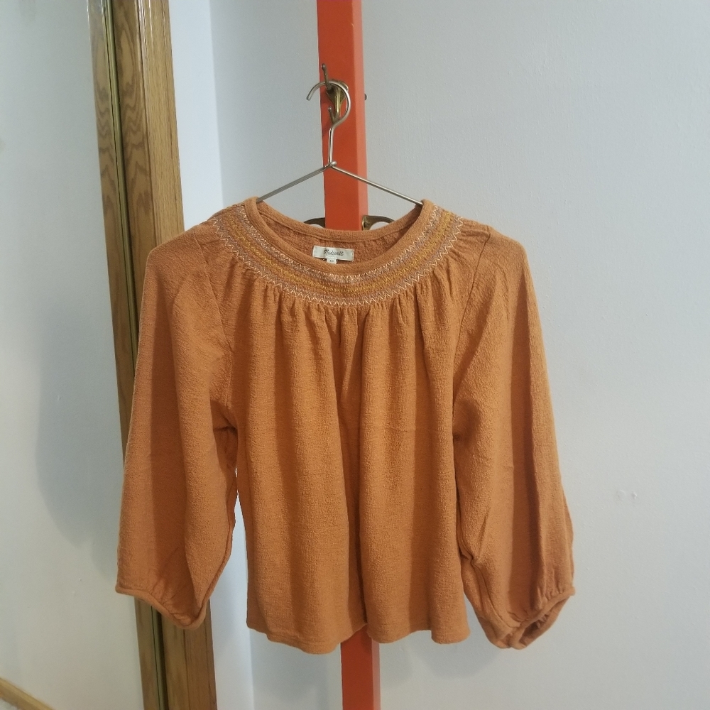 Madewell Burnt Orange Long Puffy Sleeve Ruffled Ne